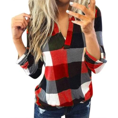40#Women Blouses Casual Cotton Long Sleeve Plaid Shirt Womens Slim V-Neck Shirt Top Skin-Friendly blusas mujer de moda 2021