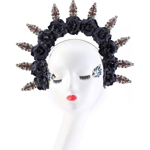 Vintage Floral Halo Crown Flowers Crystal Crown Mary Headband Women Party Halloween Costume Headpiece
