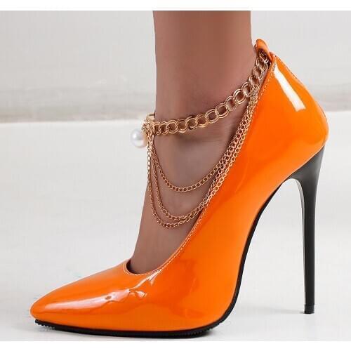 Gold Metal Chain Pearl Patent Leather Commuter High Heels Green Shiny Leather Oversized Office Womens Shoes