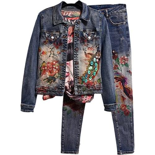 Flowers Printed Sequined Peacock Denim Duit Elastic Material Fashion Trends Women Bronzing Thin Jeans Set Sportswear Outfit