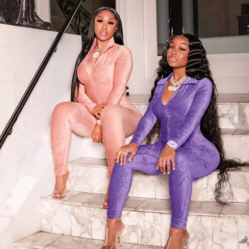 Casaul Women Jumpsuit Turn Down Colalr Solid Color Velvet Skinny Sporty Long Romper Women Jumpsuit Outfit