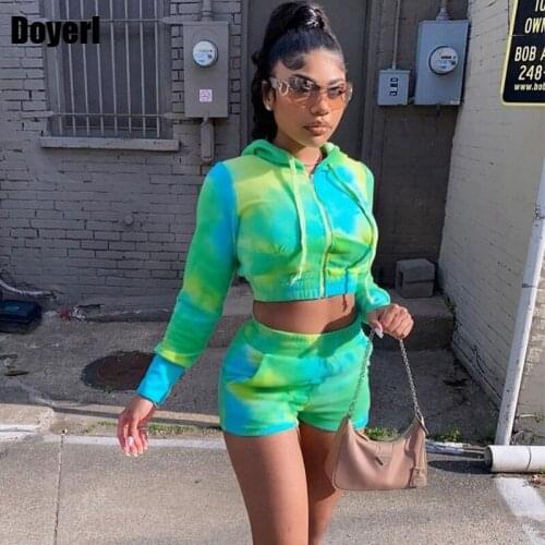 Tie Dye Two Piece Sweatsuit for Women Jogger Set Zip Hoodie and Shorts Sets Womens Outfits Tracksuit Conjunto Moletom Feminino