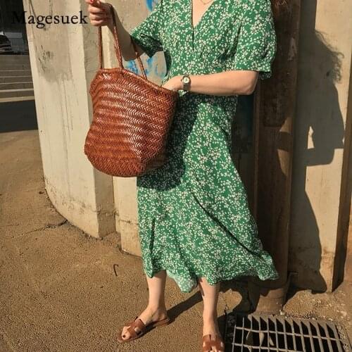 Korean Chic Floral Summer Dress Women Printed Flower Green V-neck Dresses for Women Casual High Waist Midi Dress Vestido 14146