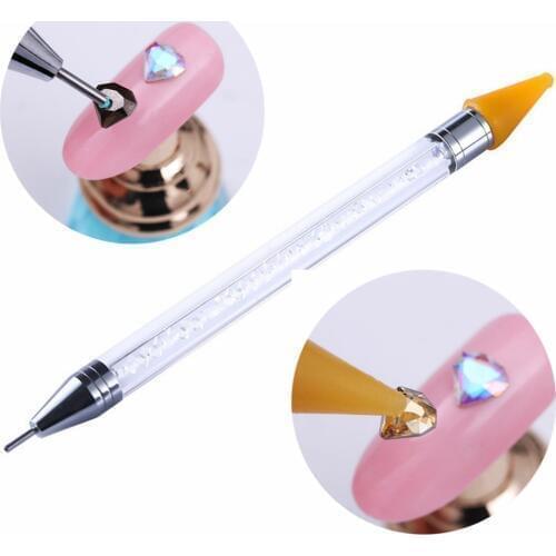 1pc Double-ended Nail Art Brush Crystal Beads Dotting Pen Head Tips Acrylic Handle Rhinestone Pick Up Applicator Tool