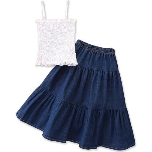 2Pcs Personalized 2-7T Girls Outfit, Sweet Style Solid Color Stringy Selvedge Sleeveless Suspender Top + Long Denim Skirt Set
