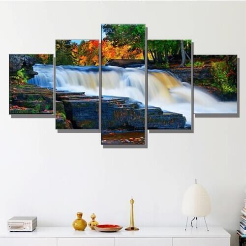 5pcs Wonderful-waterfall-in-autumn Oil Unframed Painting Printed Wall Painting On Canvas Pictures For Home Decor Wall Decor