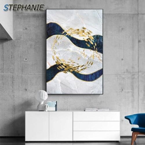 Abstract Gold Fish Canvas Painting Nordic Marble Decor Japanese Print Big Gold Poster Wall Art for Living Room Modern Tableaux