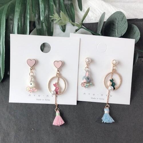 Asymmetric Rabbit Heart Earring Long Tassel Dangle Earrings for Woman Girl Trend Festival Party Accessories