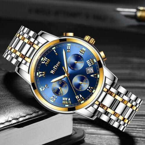 BIDEN Mens Quartz Watch True Three Eyes Chronograph Date Wristwatch Waterproof Luminous Calendar Clocks Gifts relogio masculino