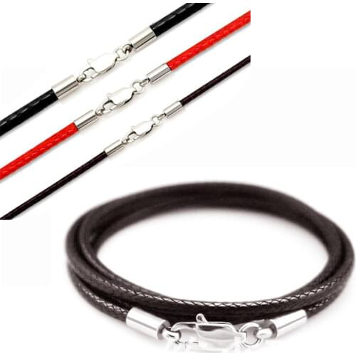 Black Leather Waxed Rope Choker/Necklace Stainless Steel Lobster Clasp Connector Buckle Cord DIY String for Pendant Jewelry