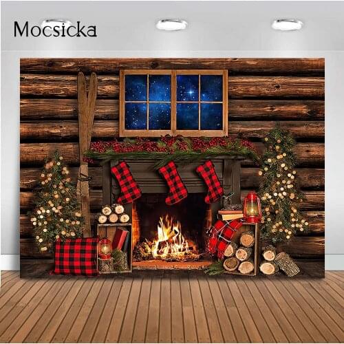 Rustic wood house Christmas fireplace Photography Backdrop fire windows vintage light background for photo studio photocall