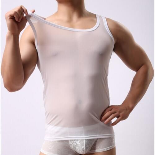 Transparent Undershirt See Though Sleeveless Tank Tops Shirt Mesh Breathable Bodybuilding Fitness Vest Sexy Men Singlet