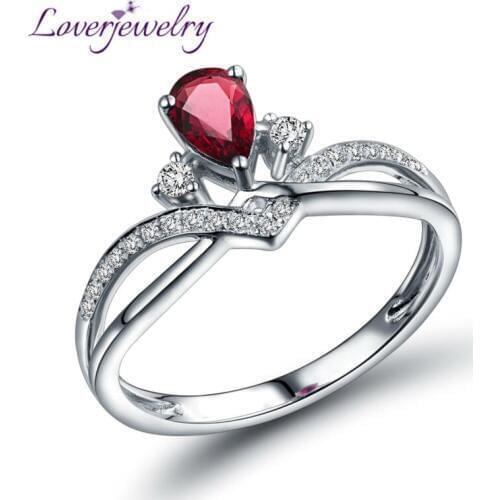 LOVERJEWELRY NEW Natural Ruby Diamond Ring Engagement Pear 4x6mm Solid 18K White Gold for Wife and Mom WU291
