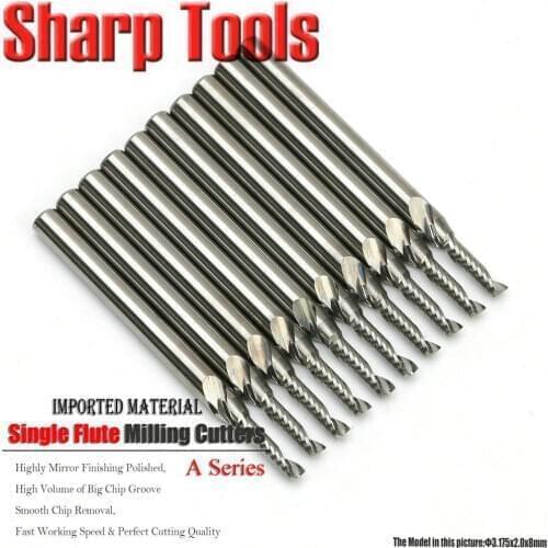 3.175*2.0mm Single Flute End Mill Cutter CNC Router Bits for Acrylic 10pc Spiral Micro Grain Tungsten Carbide MDF Cutting Tools