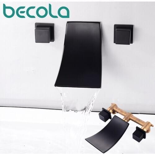 BECOLA Basin Set 3 hole Waterfall Black Brass Double Cross Handle Wall Mounted Bathroom Sink Faucet Hot Cold Tap In-Wall