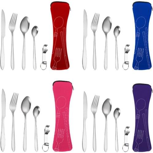 5 Pcs Steel Fork Spoon Set Dinnerware Portable Printed Fork Steak Knife Travel Cutlery Tableware With 4 Colors Bag Suit