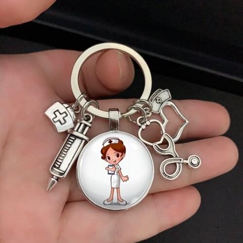 New/high quality 1 piece nurse medical syringe stethoscope image keychain glass cabochon and glass dome key ring pendant gift