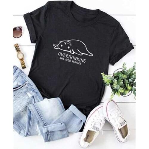 OVERTHINKING AND ALSO HUNGRY Cat Mom Tshirt Women Cotton Kawaii Fashion Shirt O Neck Graphic Mama T-shirt Short Sleeve Top Tees