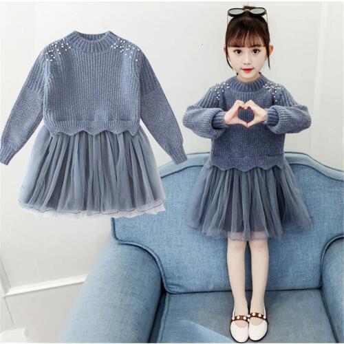 4 5 6 7 8 9 Years Kids Dress Fashion Sweater Mesh Stitching Princess Dress For Girls Baby Children Clothes Autumn New Arrival