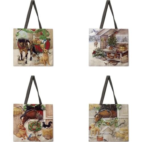 Christmas cat and dog print tote bag reusable beach bag linen casual womens shoulder bag foldable shopping bag