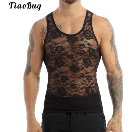 TiaoBug Mens Sissy See Through Sheer Lingerie U Neck Sleeveless Stretchy Floral Lace Muscle Fitted T-Shirt Undershirt Tank Top