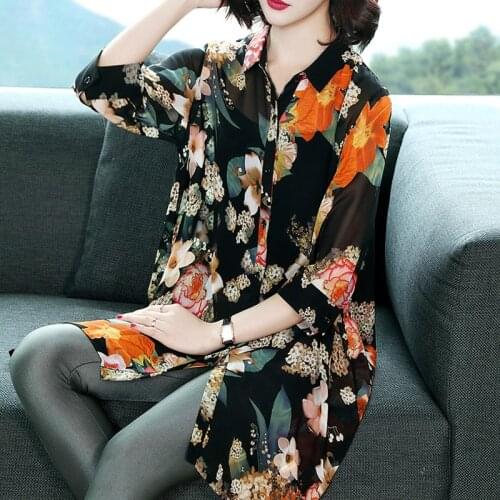 Spring Summer Fashion Women 3/4 Sleeve Floral Print Loose 4xl Chiffon Blouse Shirt Top , Casual Womans Flower Cardigan Blouses