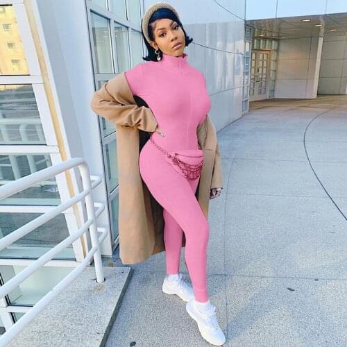 Turtleneck Knit Rib Bodycon Jumpsuit Women Embroidery Lucky Label Rompers Long Sleeve Zipper Fitness Solid Playsuit Sportswear