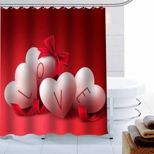Red LOVE Shower Curtain 12 Hook Polyester Fabric 3D Printing Bathroom Curtain Waterproof Mildew Proof Bath Curtain Decor