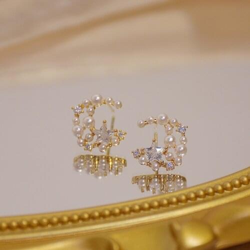 New S925 Silver Needle Moon Pearl Zircon Star Sparkling Diamond 14k Real Gold Exquisite Earrings For Ladies Jewelry