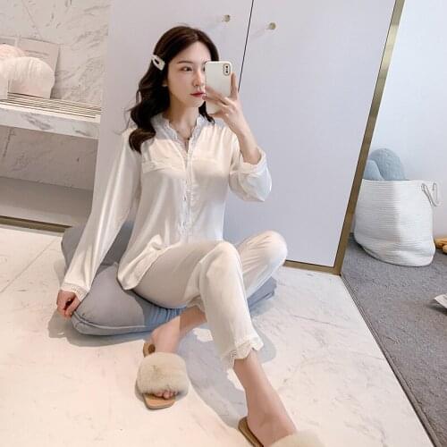 Satin Women Pajamas Set Sleepwear Lace 2PCS Shirt&Pants Casual Lounge Wear Pyjamas Soft Intimate Lingerie 2021 New Nightwear