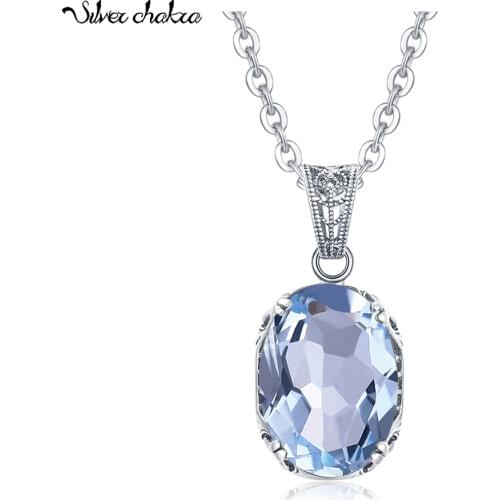 Silver Chakra Genuine 925 Silver Pendant Statement Austrian Gemstone Aquamarine 925 Necklace Pendant Fine Jewelry For Women Gift