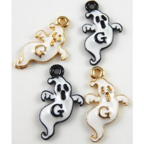 Julie Wang 15PCS Enamel Ghost Charms Cartoon Halloween Specter Black Gold Tone Pendants Alloy Bracelet Jewelry Making Accessory