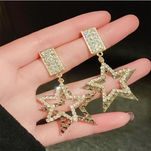 2 Pcs/Set Personality Female Stud Earrings Pentagram Full Crystal Pendant Gold Earring Set Exaggerated Women Banquet Party Wear