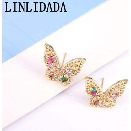 5Pairs,18*14mm Rainbow CZ Zirconia Micro Pave Wedding Jewelry Butterfly Stud-Earrings Gold Color for Girls Women Gift
