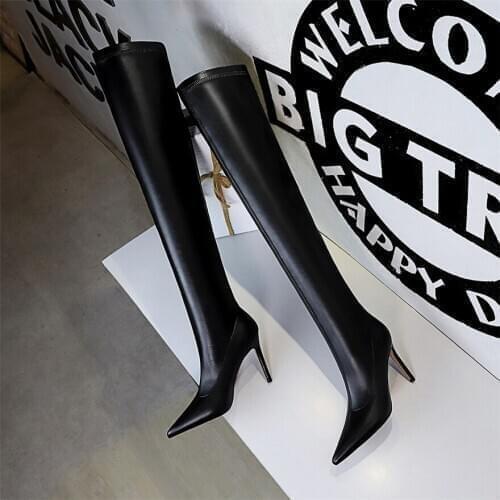 BIGTREE Boots High Heel Women Concise Over the Knee Boots 2021 PU Leather Pointed Toe Slim Ladies Long Shoes Black Large Size 43