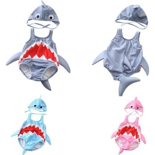 One-Piece Baby Toddler Boy Girls Swimsuits With Cap Fashion Shark Unisex Summer Beach Swimwear Swimming Suits