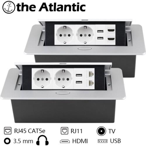 EU Slow Pop Up Table Socket Desktop Socket Built-in Recessed Power Strip Socket With USB & RJ45 TV HDMI RJ11 Countertop Outlets