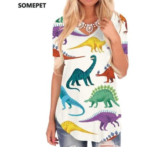 SOMEPET Dinosaur T-shirt women Animal Tshirts Printed Colorful V-neck Tshirt Harajuku T-shirts 3d Womens Clothing Fashion Loose