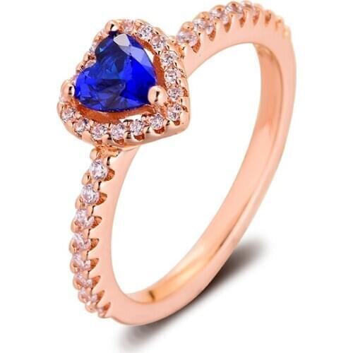 Rose Sparkling Elevated Blue Heart Rings 100% Authentic 925 Sterling-Silver-Jewelry Free Shipping