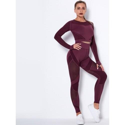 2 Piece Set Women Hollow Out Seamless Yoga Suit Sport Outfit Workout Crop Top Gym Leggings Running Clothes Athletic Fitness Set