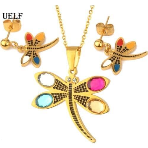 UELF Dragonfly Necklace Set Of Earrings For Women Stainless Steel Jewelry Woman Vogue 2019 Earring Female Accessories
