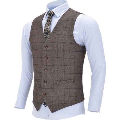 Mens Business Vest Boutique Single-breasted Cotton Suit Wool Plaid Brown Waistcoat For Wedding Formal Vest Groomsmen