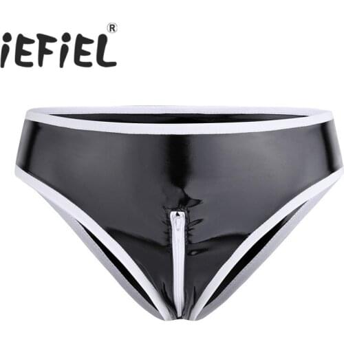 Newest Sexy Women Lingerie Wetlook Patent Leather Crotch Zipper Low Rise Bikini Briefs Underwear Underpants Clubwear Clothes