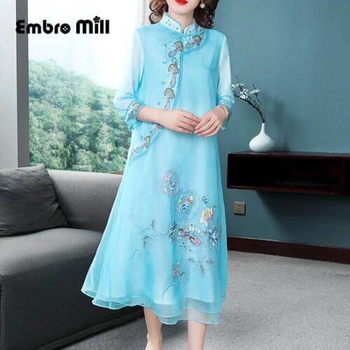 2019 The New spring and autumn satin Chinese Organza embroidery Retro Standing collar Loose womens dress S-2XL