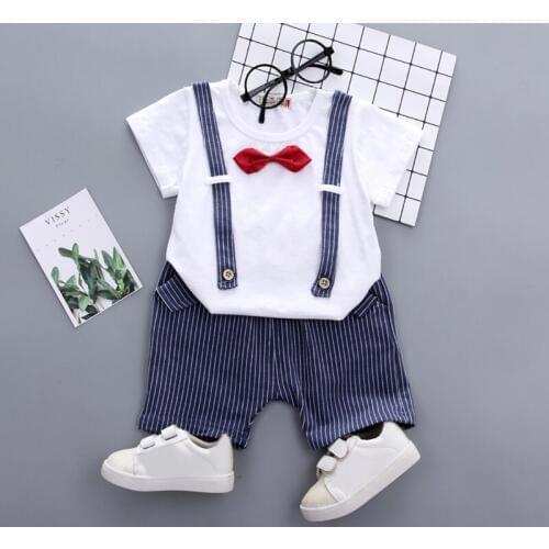 Gentleman Newborn Kids Baby Boys Tracksuits 2pcs Fake Bib T Shirts With Tie + Stripe Short Pants Kids Outfit Boy Costume Suit
