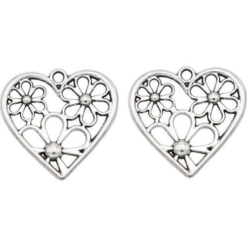Antique Silver Plated Flower Heart Charms Beads Pendants for Jewelry Making DIY Handmade 28x29mm