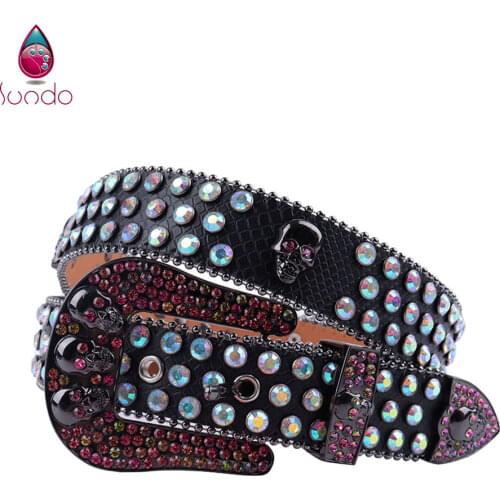 New Pink Skull Studded Belt Western Cowboy Luxury Designer Pu Leather Rhinestone WomenS Fashion Belts Cinturones Para Mujer