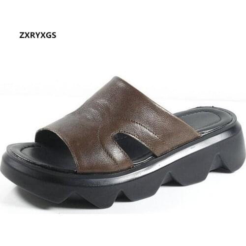 2021 New Summer Women Slippers Comfortable Sandals Thick-soled Heighten Shoes Non-slip Wear Casual Shoes Genuine Leather Sandals
