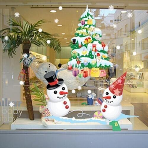 Removable Cartoon Christmas Tree Snowman Wall Sticker Static Cling New Year Shop Window Decal Christmas Decorations