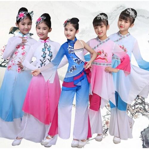 Chiffon chinese traditional yangko dance costumes for girls classic fan fairy dance clothes kindergarten stage performance